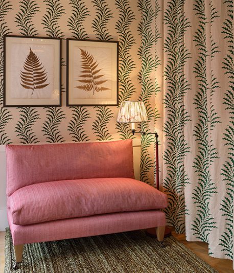 Scrolling Fern Frond - Emerald - Stone Linen - Soane Britain